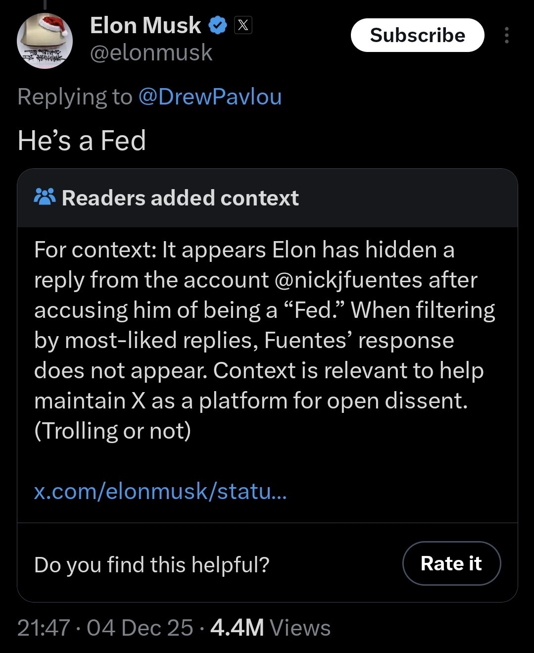 Elon Musk 'He's a Fed' tweet with community note